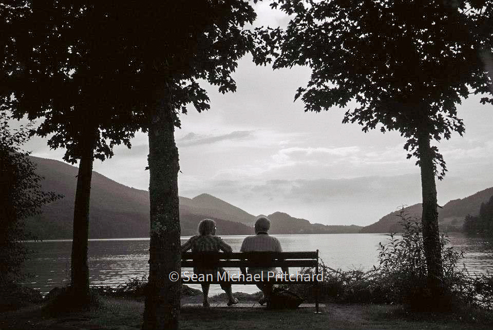 couple bench black white film